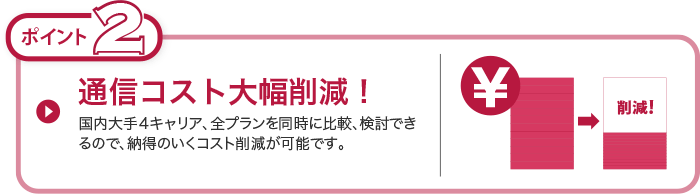 通信コスト大幅削減！　国内大手４キャリア、全プランを同時に比較、検討できるので、納得のいくコスト削減が可能です。